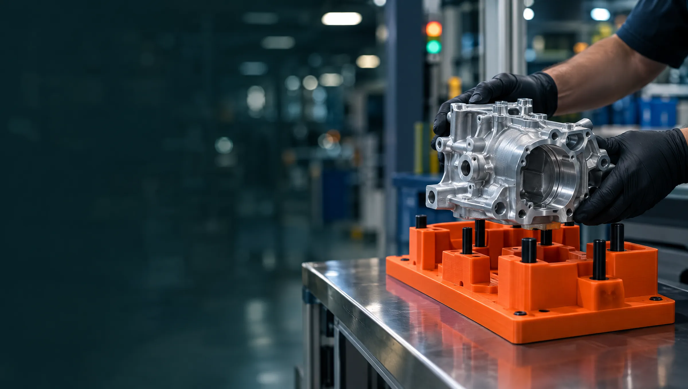 Técnico colocando una carcasa de aluminio en un jig naranja impreso en 3D en línea de producción