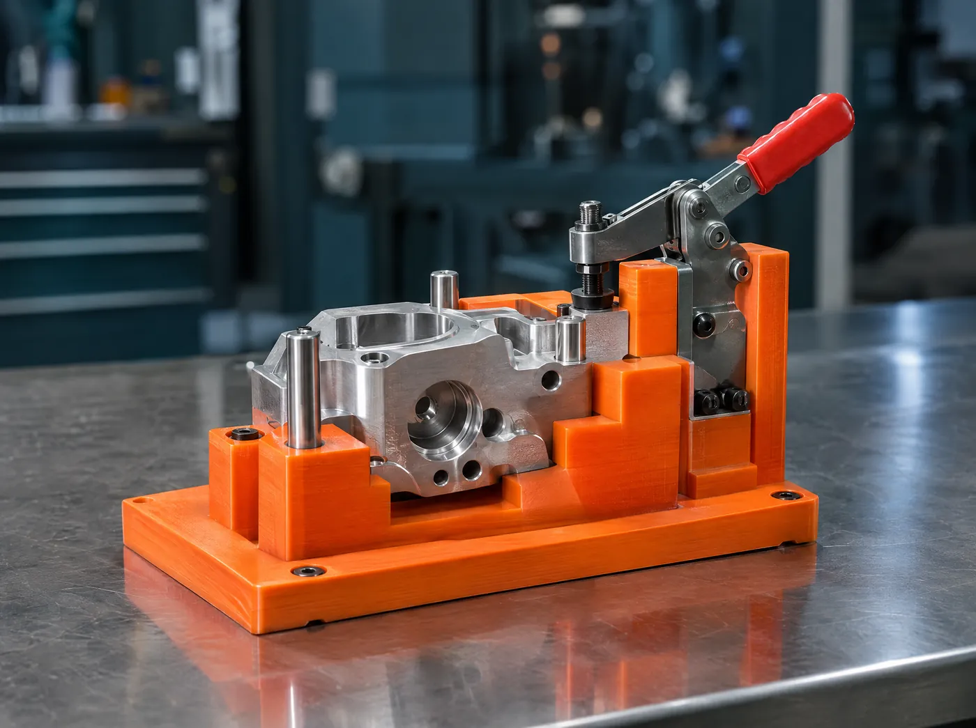 Jig naranja impreso en 3D sujetando una pieza de aluminio