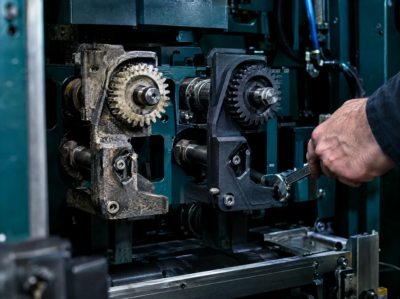 Engrane y soporte impresos en 3D instalados como refacción en una máquina